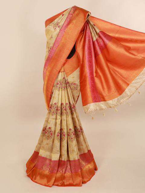 

Pothys Off-White & Orange Pure Silk Woven Design Banarasi Saree