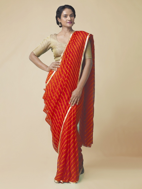 

Unnati Silks Red Pure Chiffon Striped Patola Saree