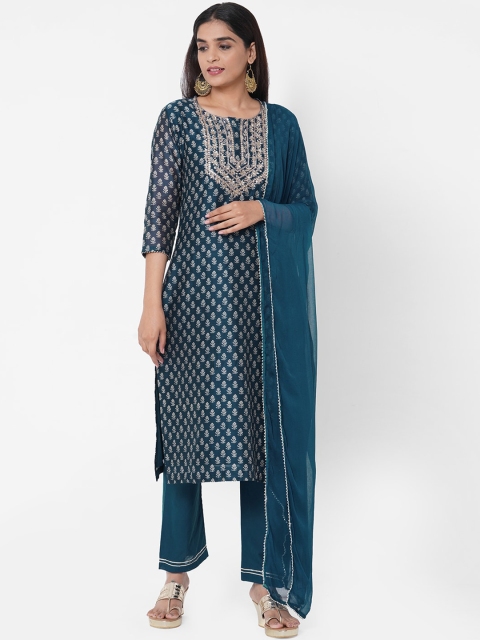 

FASHOR Women Teal Printed Kurta with Trousers & Dupatta