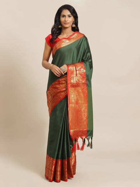

Mitera Green Silk Blend Solid Banarasi Saree