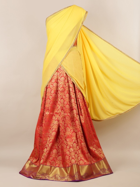 

Pothys Yellow & Red Poly Chiffon Woven Design Half Saree