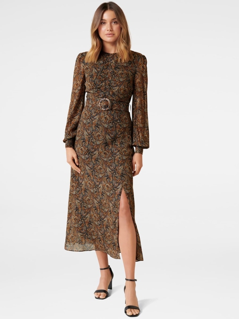 

Forever New Women Brown Printed Belted Midi Dress