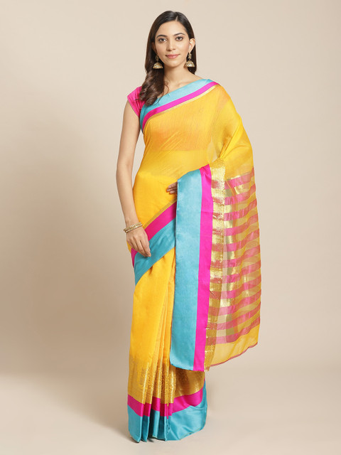 

Mitera Yellow & Turquoise Blue Silk Cotton Solid Saree