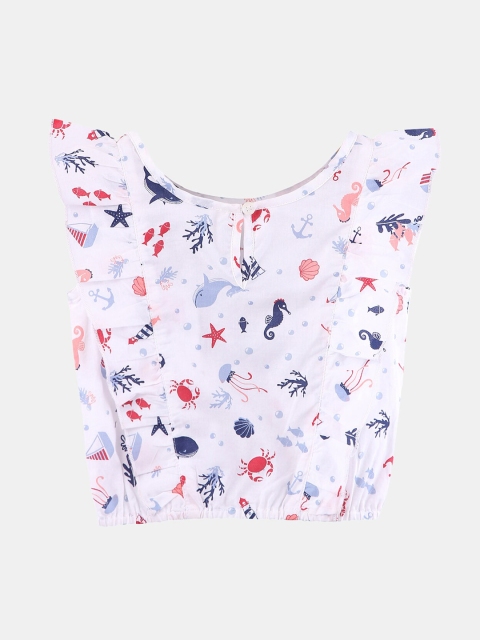 

Beebay Girls White & Navy Blue Printed Cape Sleeves Top