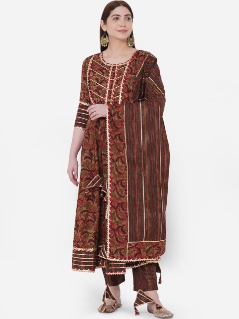 

FASHOR Women Maroon Printed Kurta with Trousers & Dupatta