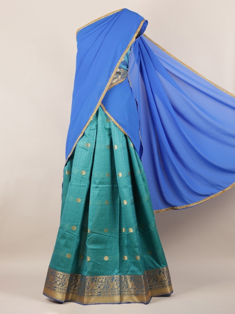 

Pothys Blue & Green Poly Chiffon Woven Design Lehenga Half Saree