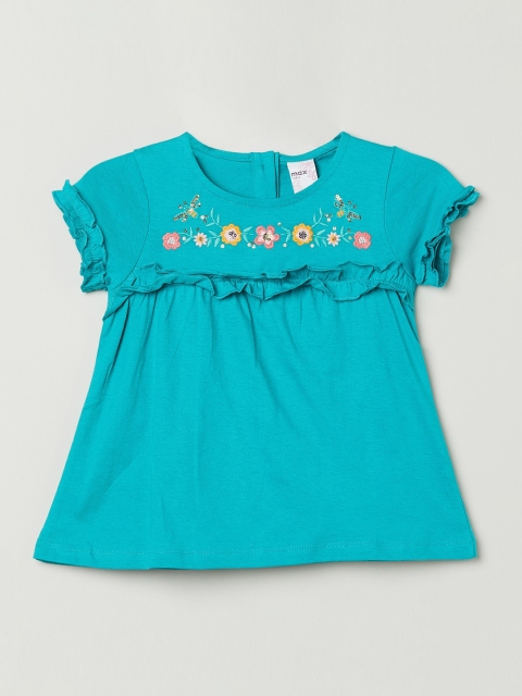 

max Girls Turquoise Blue & Pink Floral Embroidered Pure Cotton Top