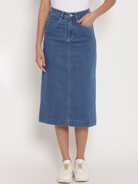 

FOSH Women Blue Solid Denim Midi-Length Pencil Skirt