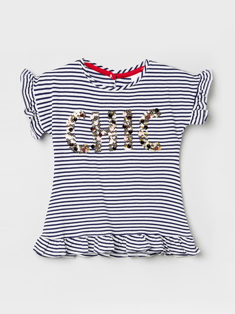 

max Girls Navy Blue & White Striped Flared Sleeves Pure Cotton Top