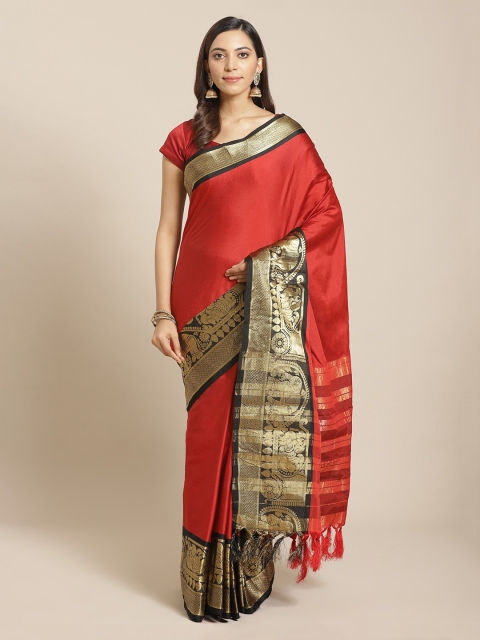 

Mitera Red & Gold-Toned Silk Blend Solid Banarasi Saree