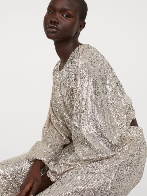 

H&M Women Silver Sequined Fit and Flare Dress