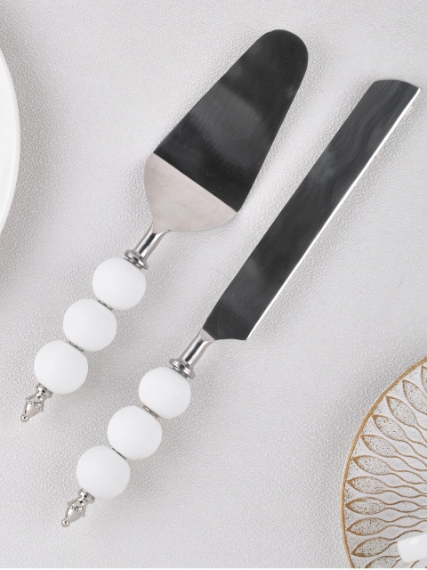 

Homesake Set of 2 White & Silver Toned Stainless Steel Cake Server with Bead Handle