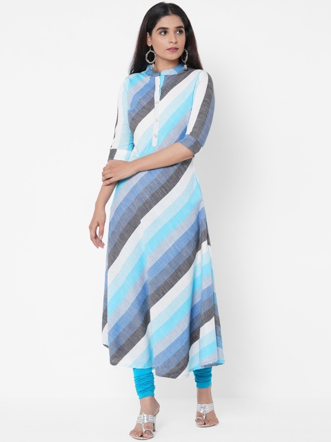 

FASHOR Women Blue & Grey Mandarin Collar Daily Kurta