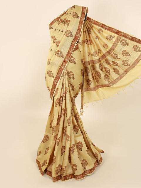 

Pothys Cream-Coloured & Brown Pure Silk Phulkari Printed Saree