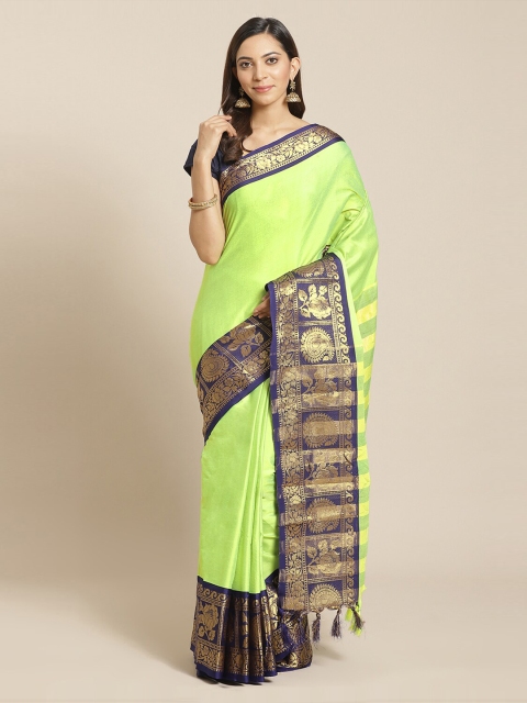 

Mitera Green Silk Blend Solid Banarasi Handloom Saree