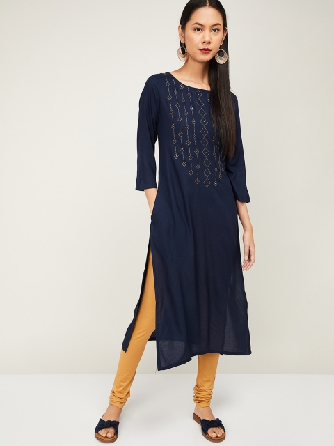 

Melange by Lifestyle Women Navy Blue Geometric Yoke Design Kurta