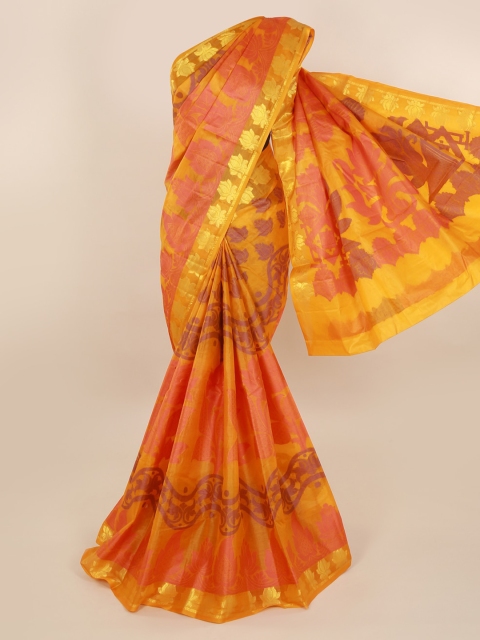 

Pothys Orange & Gold-Toned Pure Silk Woven Design Tussar Saree With Zari Border