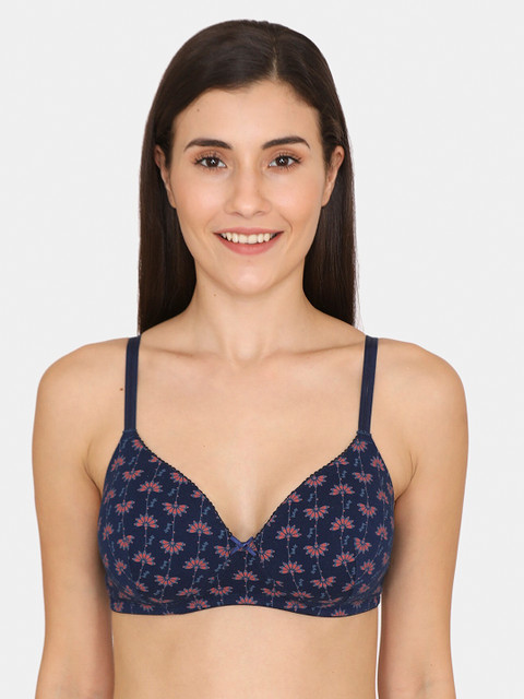 

Zivame Navy Blue & Pink Printed Non-Wired Lightly Padded T-shirt Bra
