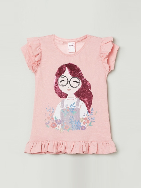 

max Girls Pink & Grey Embellished Flared Sleeves Pure Cotton Top