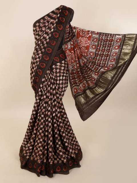 

Pothys Brown & Red Pure Silk Printed Dabu Saree