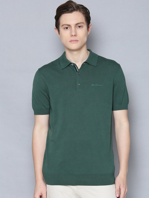 

BEN SHERMAN Men Green Solid Polo Collar Cotton Pure Cotton T-shirt