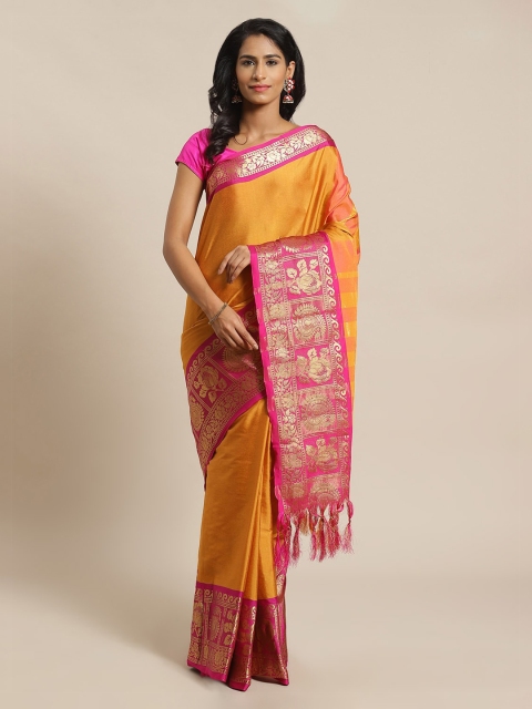 

Mitera Mustard Silk Blend Solid Banarasi Handloom Saree