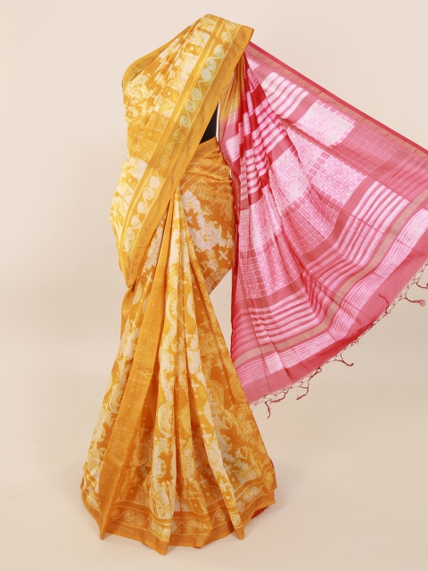 

Pothys Mustard & Pink Pure Silk Phulkari Printed Saree