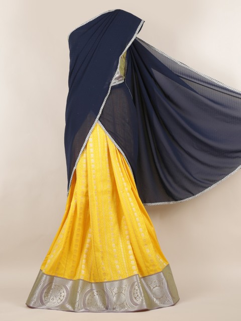 

Pothys Navy Blue & Yellow Poly Chiffon Solid Lehenga Half Saree