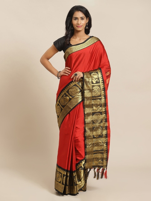 

Mitera Red & Gold-Toned Silk Blend Solid Banarasi Saree