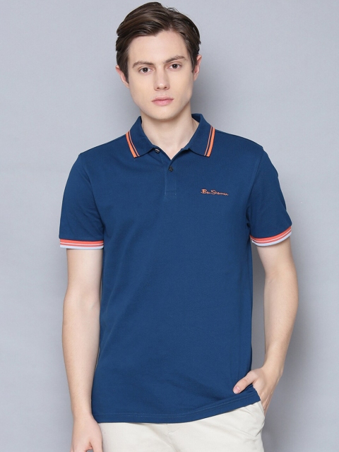 

BEN SHERMAN Men Blue Solid Polo Collar Pure Cotton T-shirt