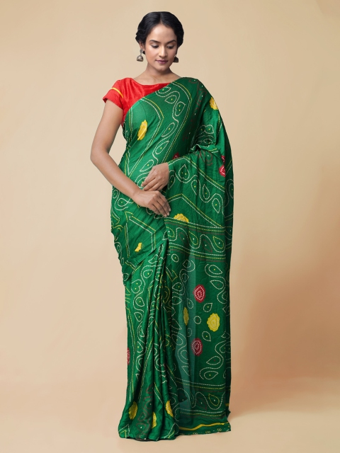 

Unnati Silks Green & White Silk Blend Printed Bandhani Saree