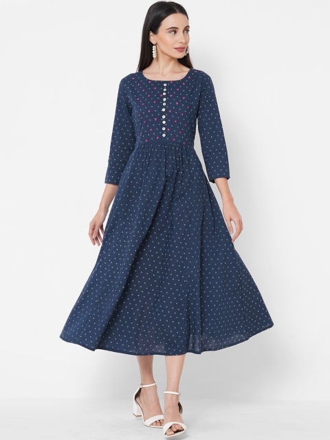 

FASHOR Women Navy Blue & White Printed Thread Work Kurta