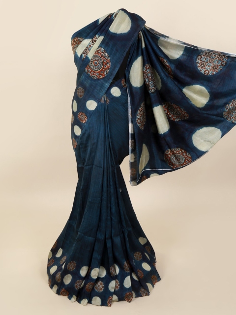 

Pothys Blue Pure Silk Printed Dabu Saree