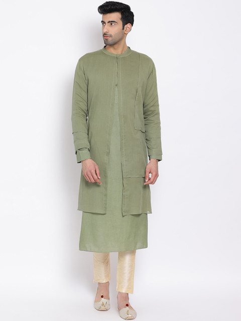 

DEVOILER Men Green Woven Design Layered Straight Kurta