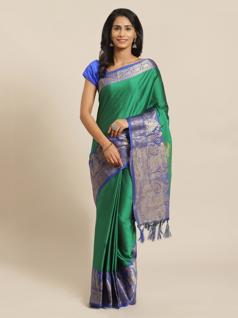 

Mitera Green & Blue Silk Blend Solid Banarasi Saree