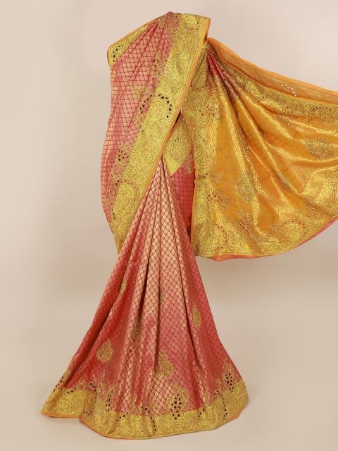 

Pothys Pink & Yellow Pure Silk Embellished Kanjeevaram Saree