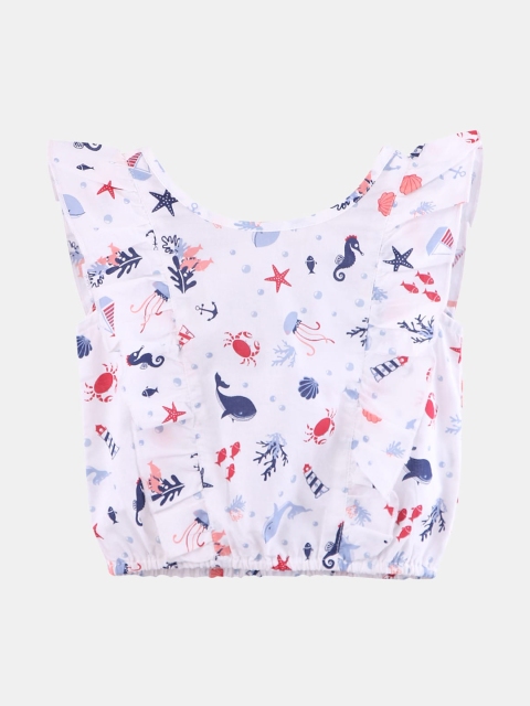 

Beebay Girls White & Blue Printed Ruffle Blouson Top