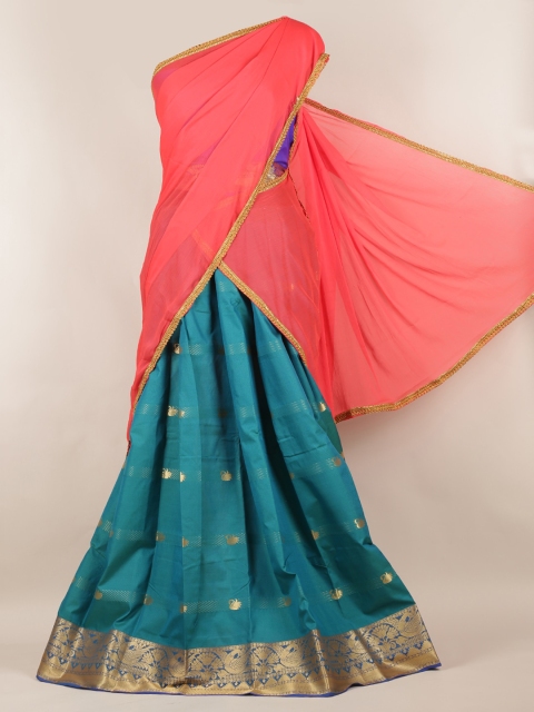 

Pothys Orange & Blue Poly Chiffon Printed Half Saree