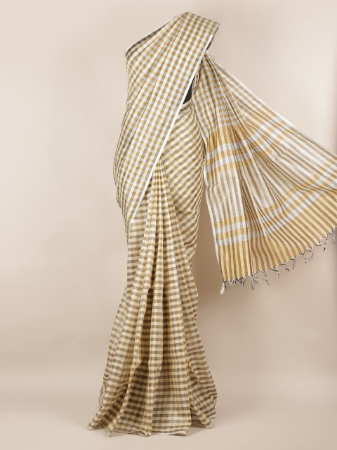 

Pothys Olive Green & Beige Linen Blend Checked Saree