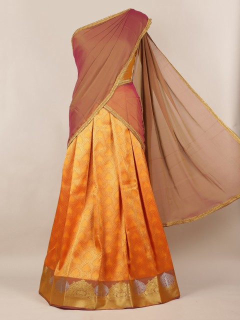 

Pothys Pink & Orange Poly Chiffon Woven Design Half Saree