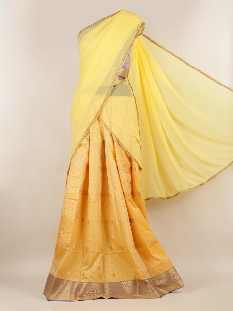 

Pothys Yellow & Cream-Coloured Poly Chiffon Printed Half Saree