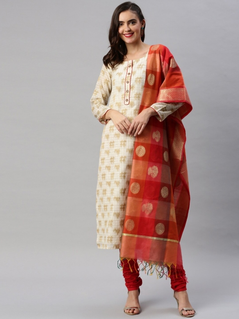 Soch Cream-Coloured & Gold-Toned Cotton Blend Unstitched Dress Material
