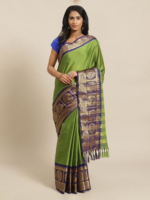 

Mitera Green & Gold-Toned Silk Blend Solid Banarasi Saree