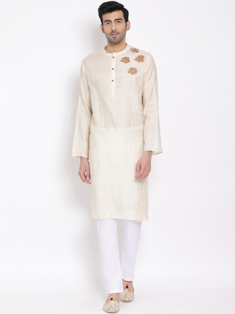 

DEVOILER Men Off-White Embroidered Silk Straight Kurta