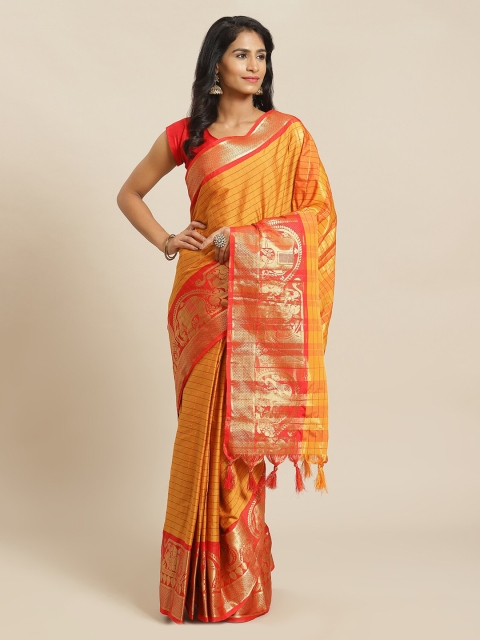 

Mitera Orange & Orange Silk Blend Checked Banarasi Saree