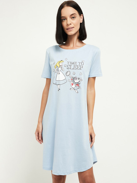 

max Women Blue & White Printed Cotton Sleep Shirt ALC02SKY