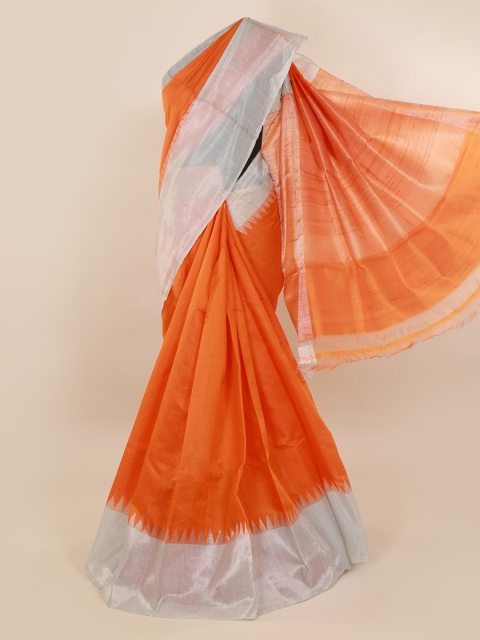 

Pothys Orange & Silver-Toned Jute Silk Solid Saree