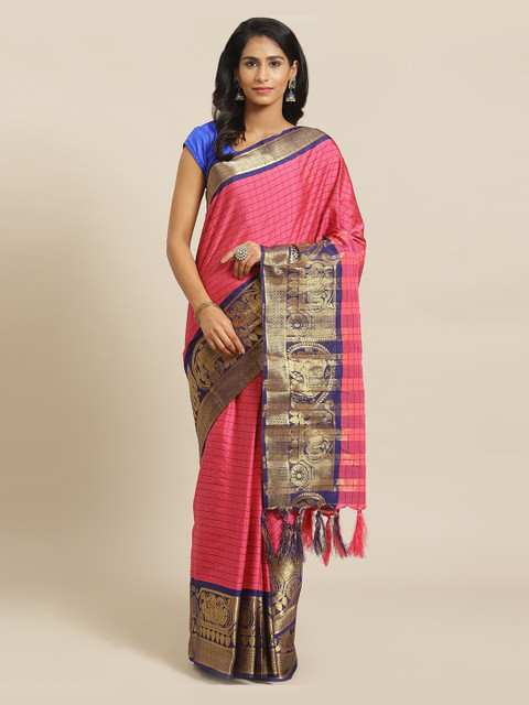 

Mitera Pink & Gold-Toned Silk Blend Solid Banarasi Saree