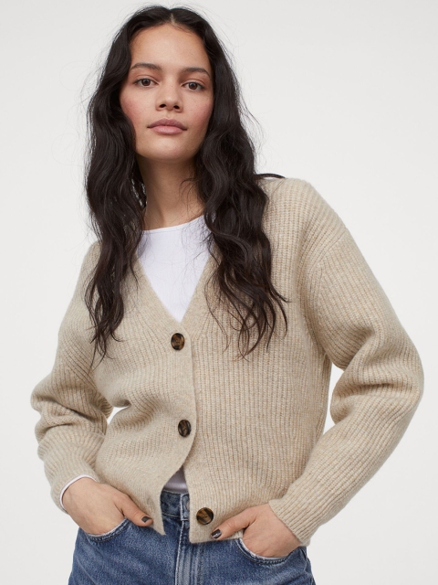 

H&M Women Beige Rib-Knit Cardigan