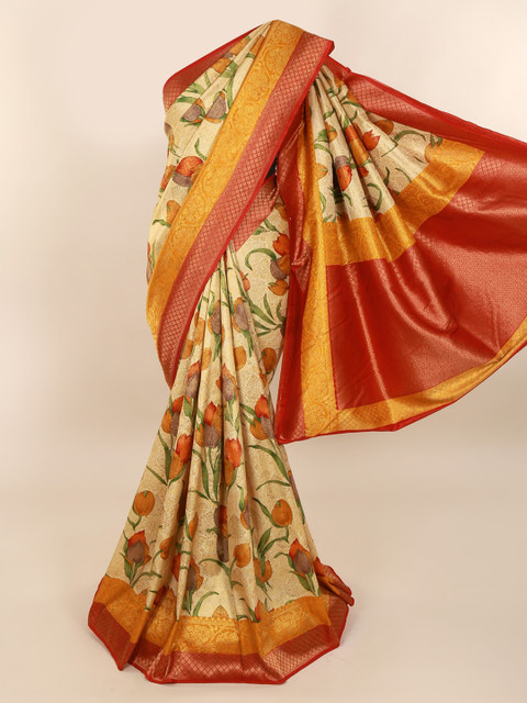 

Pothys Cream-Coloured & Red Pure Silk Printed Banarasi Saree